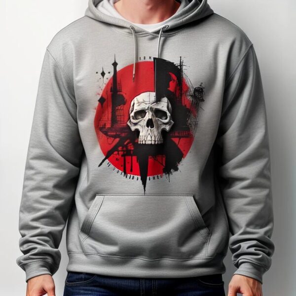 "Sudadera Gris con Estampado de Calavera y Diseño Gráfico"